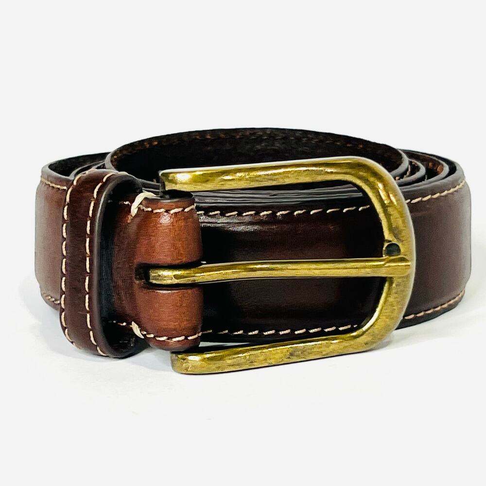 Banana Republic Mens Brown Leather Belt 36 Contrast Stitch Brass Buckle Classic